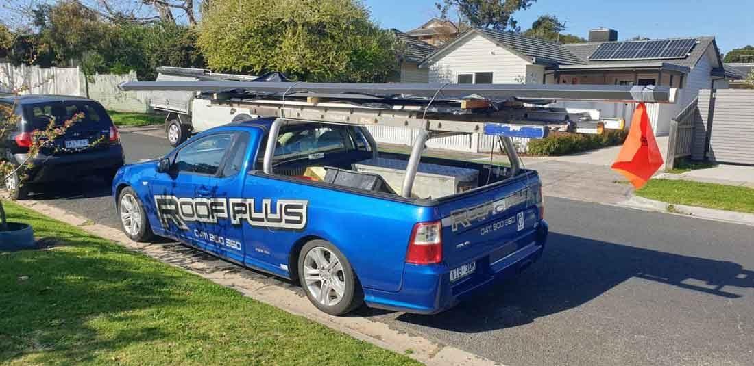 Roof Plus work ute with roof racks and ladders loaded