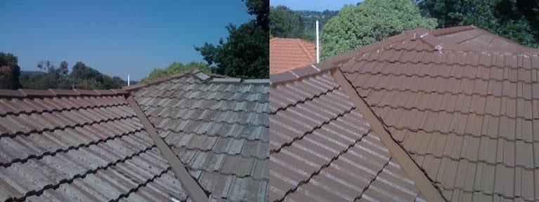 Before and after: a dirty, weathered tile roof cleaned and re-coloured