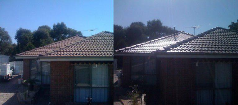 Before and after: tile roof on a brick home cleaned and restored