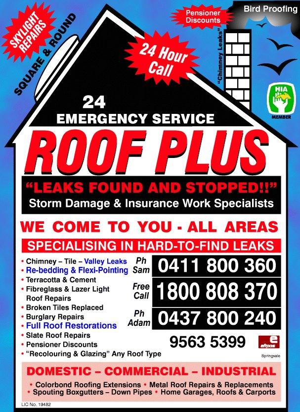 The Roof Plus Yellow Pages advertisement — leaks found and stopped